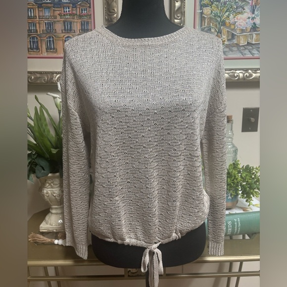 SIONI Shimmering Sparkling Cream Lightweight Tie Front Crochet Sweater Top SZ M - Picture 10 of 10